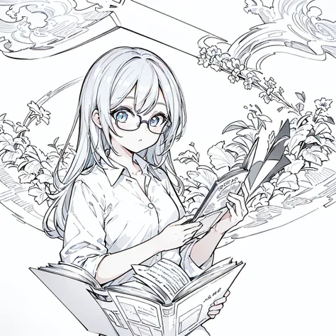 a girl,close up, wearing white shirt, reading a book, (best quality:1.3), (highres:1), (detailed:1.3), (incredible:1.3), (perfec...