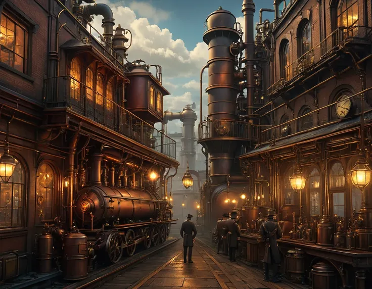 steampunk art pictures, wide shot,  intense details, highly detailed, realistic, highest quality, high resolution, reflected lig...