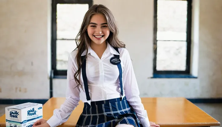 a striking and bold portrait of a 17-year-old girl exuding confidence and allure in her seductive school uniform-inspired outfit...