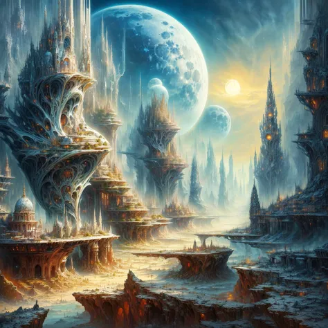 a painting of a futuristic city with a giant moon in the background, in fantasy science-fiction city, an unfamiliar city, scienc...