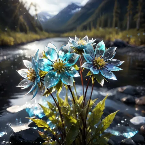 cinematic still of a few beautiful pale rainbow color  glass flowers made out of glass in an alaska river. shallow depth of fiel...