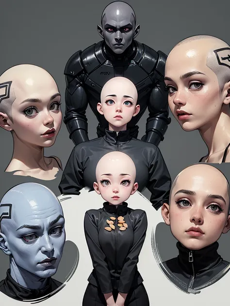 (((masterpiece))), (high quality),grey type aliens,15 year old girl alien,(skinhead,gray aliens,large, dark, almond-shaped eyes,...