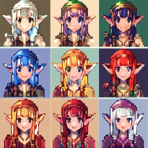 A close-up shot，Characters with different expressions, Pixel Art inspired by Luma Rouge, Number of polygons, Pixel Art, Elf表, El...