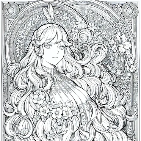 european women's face portrait, long curly hair, blonde, floral frame, decorative panel, abstract
art by alphonse mucha, sketch,...