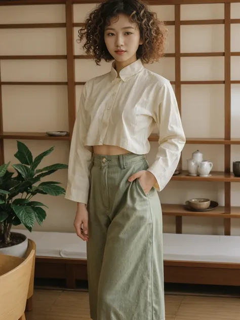 her name is asako, high quality, 1girl, ((20-year-old fit caucasian woman)), ((20 years old)), ((slim)), ((korean perm)), pose: ...