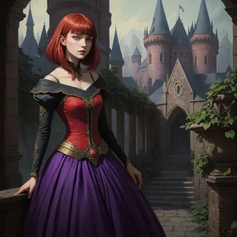 ((best quality)), ((masterpiece)), (detailed)), woman in a red dress standing in a castle, hair in a vivid fiery red color, with...