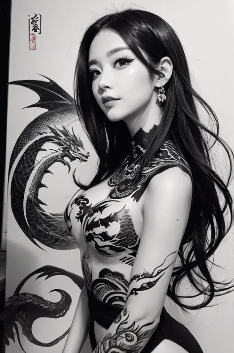 woman in ink painting、black and white dragon、black and white ink painting、arm ink painting、long black hair、