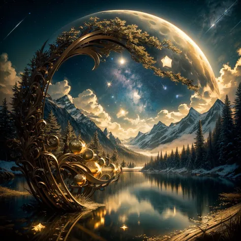 wood egg art, a tranquil mountain lake under moonlight, double exposure, as a portal to another world, night, full moon, many st...