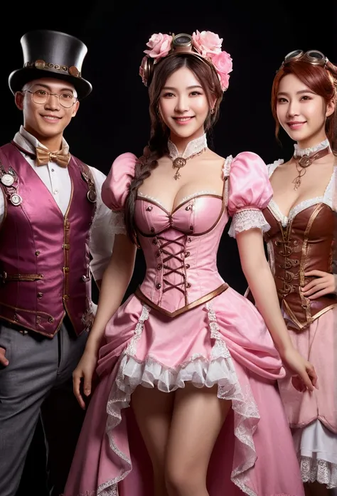 amazing full body portrait of magical fantasy：qiu shuzhen，three steampunk men in pink dresses and lace, the low-cut neckline acc...