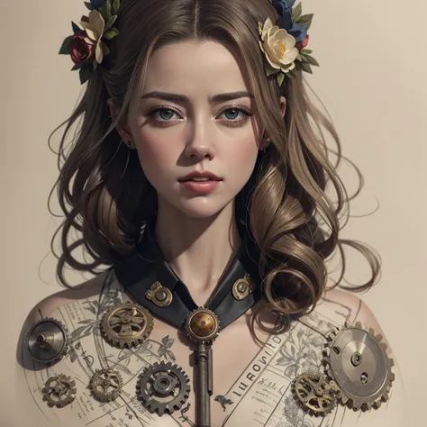 charlie bowater realistic lithography sketch portrait of a amber heard, flowers, [gears], pipes, dieselpunk, multi-colored ribbo...