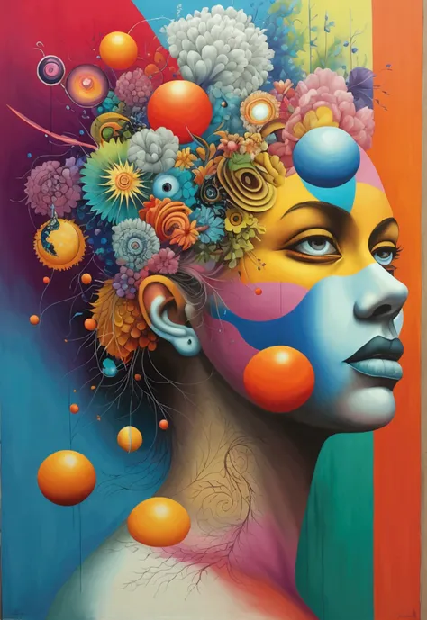 a unique and mind-bending wall painting that combines elements of surrealism and psychedelia, with bold and contrasting colors a...