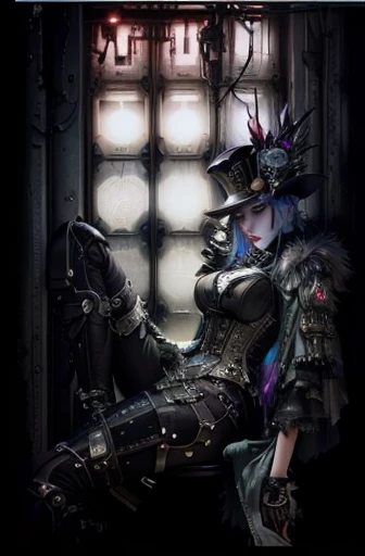 a close up of a person sitting on a chair with a knife, cybergoth, gothic - cyberpunk, gothcore, like lady mechanika, grimdark s...