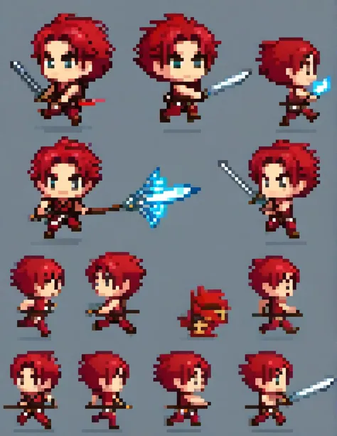 create a sprite sheet for character animations that includes frames for movement, running, jumping, sword attack, spear attack, ...