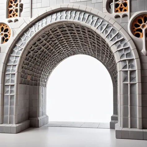 architectural structure in the form of a rectangular arch in the postmodern style, light gray background, inspired by antoni gau...