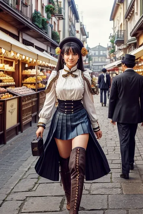 anime illustration, (karla jaeger in a steampunk-inspired , pleated skirt with gear patterns, knee-high boots, cheerful expressi...