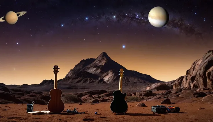 ukulele, por genevieve naylor (planet venus, marte, pluto, saturn in the background); hd image