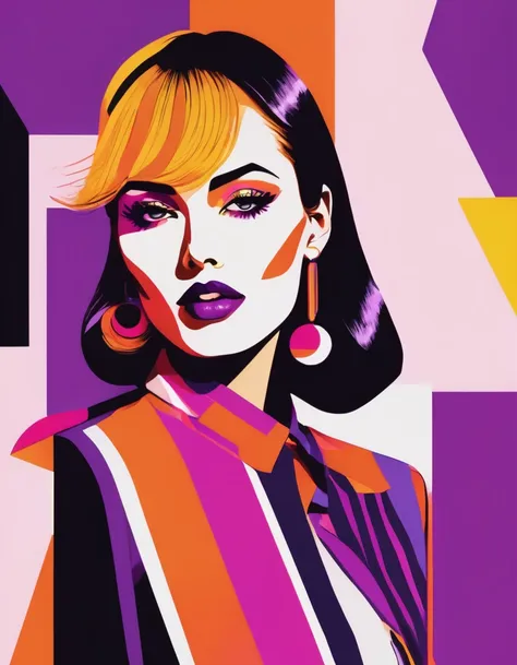 a fashion illustration of an woman in the style of bold graphic illustrations, posing for the camera colorful shapes and curves ...