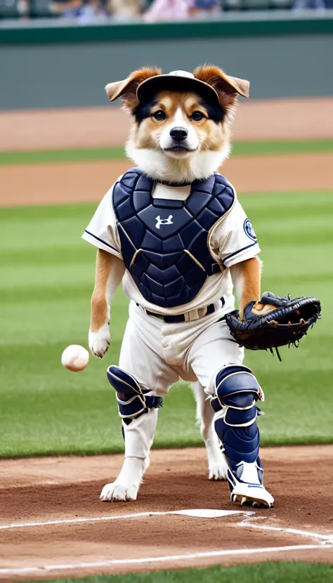 anthropomorphizing a dog,dog is a baseball player,catcher,real,live-action,during the game,baseball ground