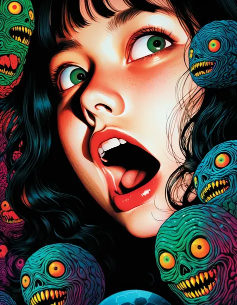 an illustration、art、70s horror movie posters, supervised by junji ito、high detail, realistic shadows、analog style, chromatic abe...