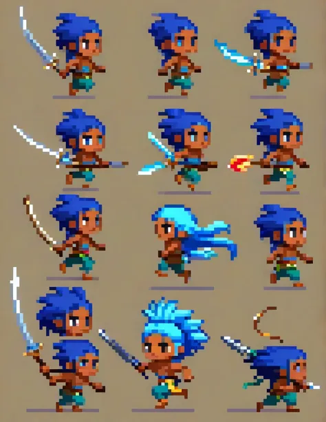 create a sprite sheet for character animations that includes frames for movement, running, jumping, sword attack, spear attack, ...