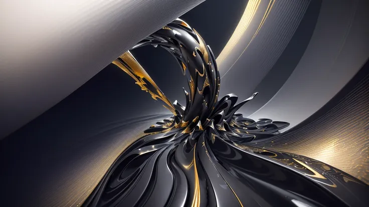 there is a shiny silver ((black and gold)) sculpture of tube, abstract cloth simulation, abstract liquid, 3 d fluid simulation r...