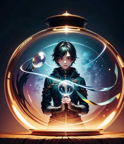 (boy trapped in a crystal ball),alone, fantasy art style,guweiz style work, dark green hair，best quality best at best, round gla...