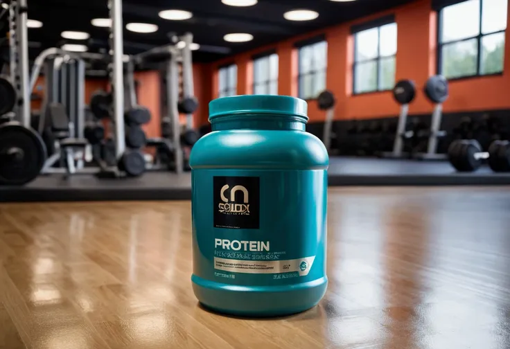 a picture of a protein jar (solid color jar) on the floor (no label on the jar), gym in the background like in a commercial, gym...