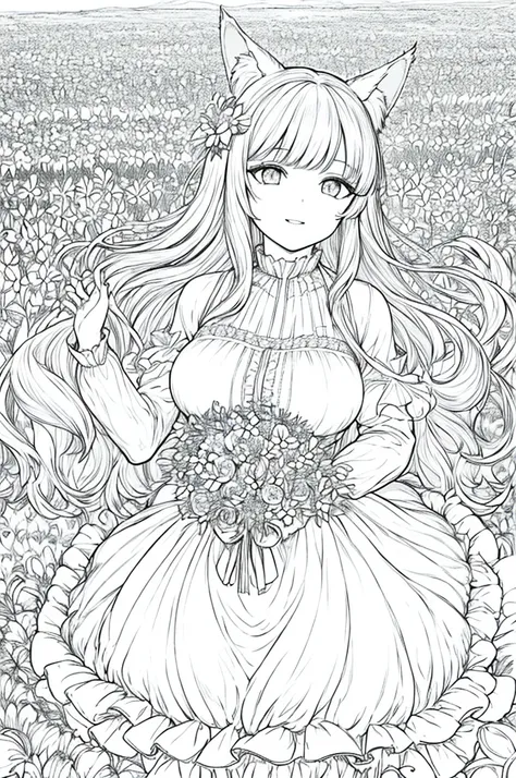 big breasts ((wolf girl)) perfect eyes, masterpiece, best quality, ((1girl)), ground, long hair, bangs, , dress, puffy long slee...