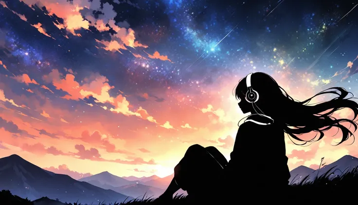 sunset、hill、cloud、long hair、woman、sitting、silhouette、back view、beautiful starry sky、looking up at the sky、the wind is blowing、wi...