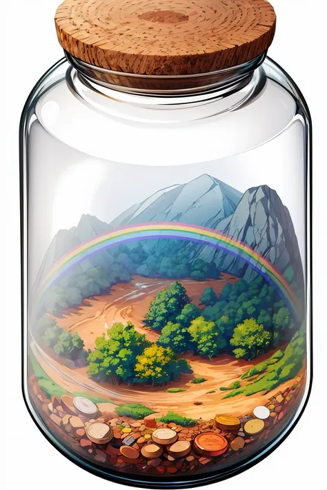 detailed, 8k, beautiful landscape with sunset in the forest and river, rainbow all inside a glass jar, with cork lid, (((white b...