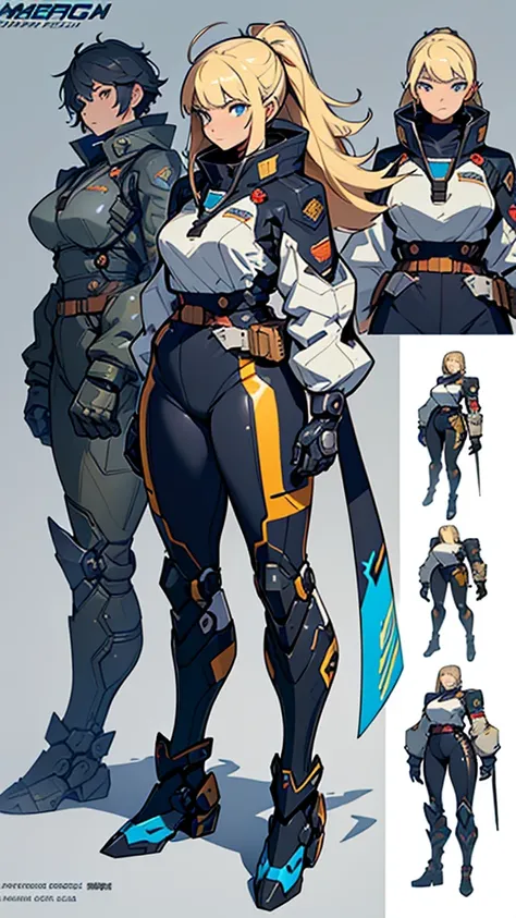 close-up of a plump girl in a mechanical bodysuit, ((character concept art)), ((character design sheet, same character, on front...