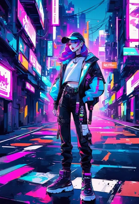 《genshin impact》general raiden in stylish street fashion, cyberpunk style, neon lights, city background, future cityscape, vibra...