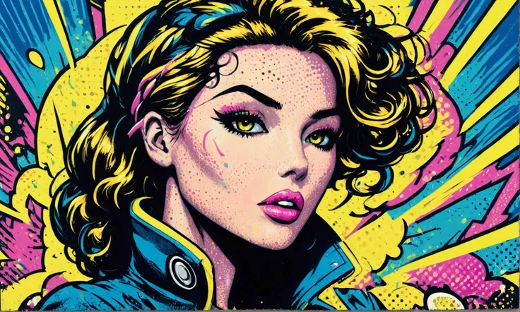 a portrait blending pop art, intricately detailed classic comic book illustrations, and graffiti style featuring a central woman...