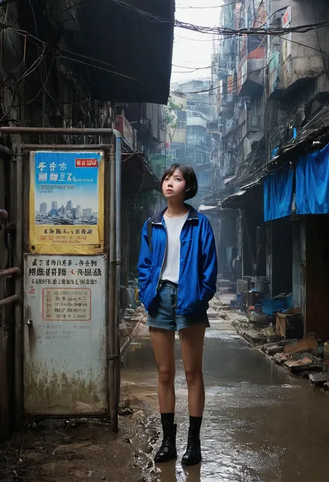 kowloon city、backstreets、wet ground、pipe、duct、electric wire、signboard、plein air, tag, simple background, 青いnull, short hair, one...