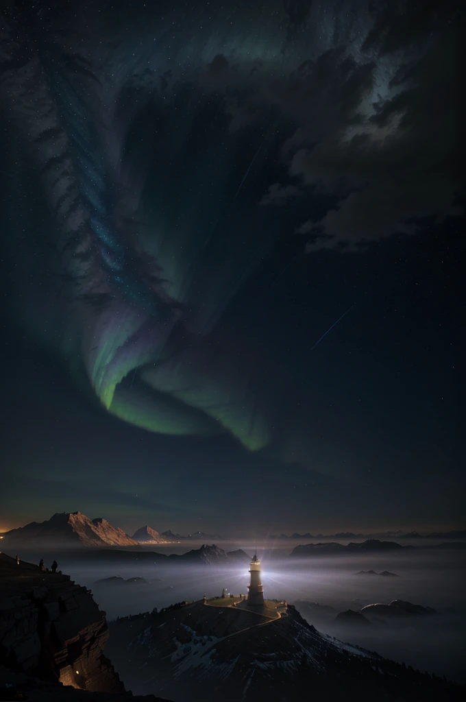 a lighthouse with a bright blue and purple aurora light above it on a cliff, max rive, fantasy art by jessica rossier, marc adam...