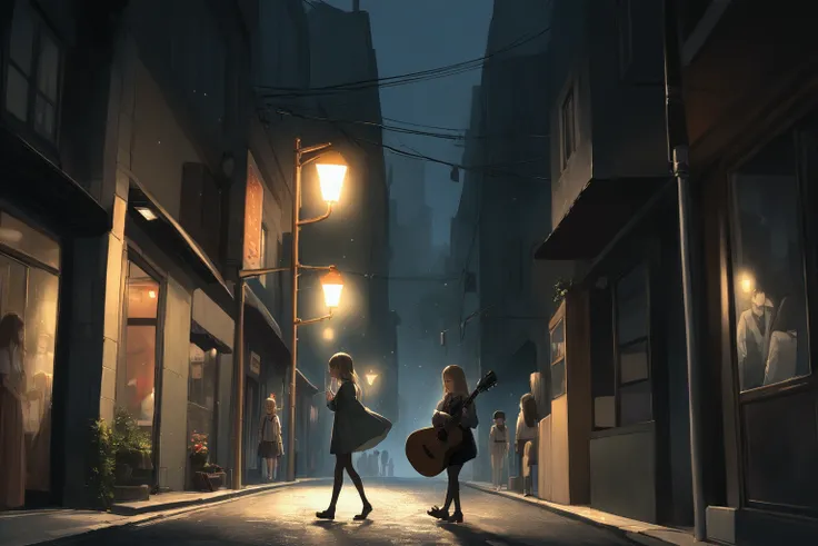 high resolution、realistic anime、lonely anime girl carrying a guitar、walking down a dark street。the streetlight shines on the gir...