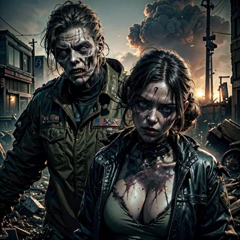 a woman, undead zombie, wearing worn torn military uniform, wandering in post-apocalyptic town destroyed by nuclear weapon, muta...