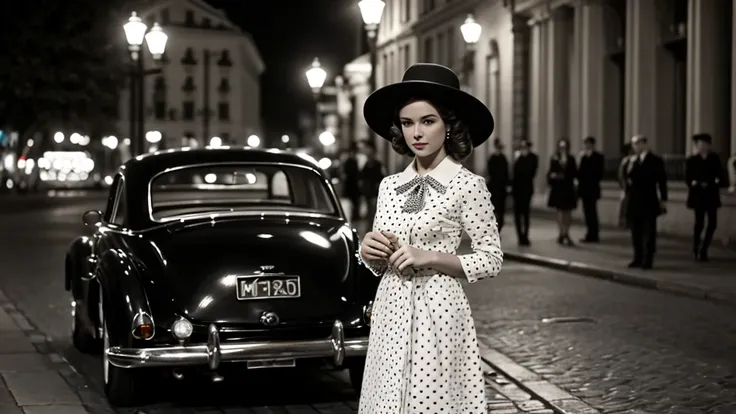 a vintage black and white photograph of an elegant woman standing beside a classic car on a city street at night. the woman has ...