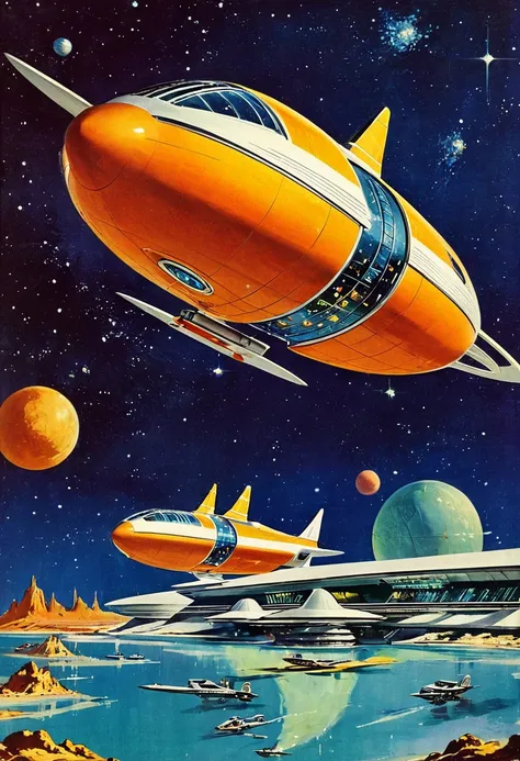 retro futuristic, ((retro futurism)), ((science fiction)), 1950s, (((1960s))), 1970s, (space ship),