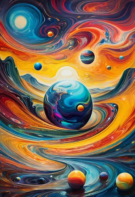 create a colorful multiverse with colorful planets, a molten sea,cosmos,surrealist art, abstract, style of dali and edvard munch...