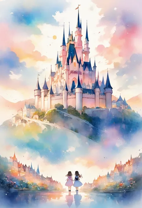 a background of anime-style illustrations with a calm and fantastical castle town theme。 adding simplicity to mystery、a pale and...