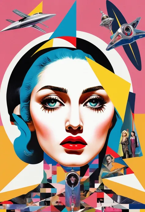 madonna themed, surreal and strange dislocation art：collage，there are many different things on the faces，spaceship，vibrant sensu...