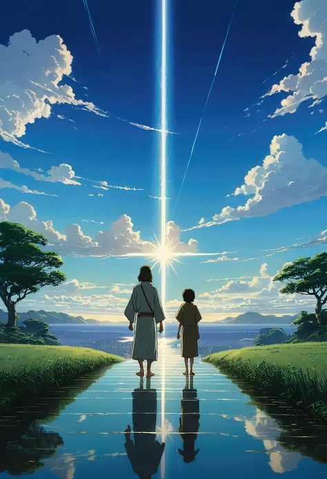 jesus na cruz, by makoto shinkai and studio ghibli, outlined silhouettes, dramatic lighting, highy detailed, incredible quality,...