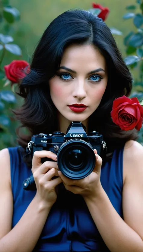 une femme aux yeux bleus, une peau impeccable, tir à moitié du corps, tenant une rose noire, style de photographie fantaisiste, ...