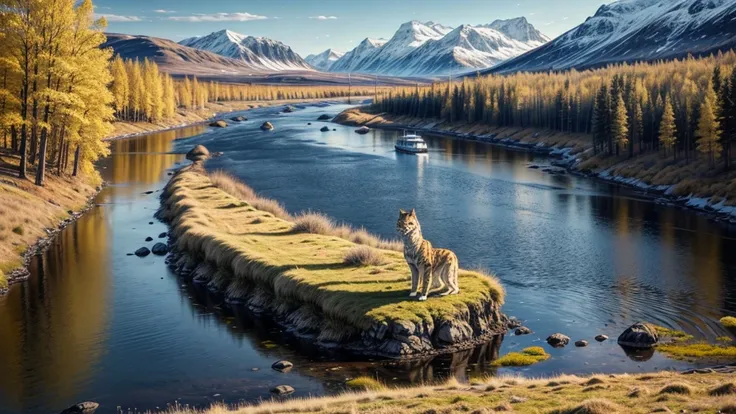 northern lynx in scandinavia landscape with rivers and yellow trees, atmospheric, high resolution