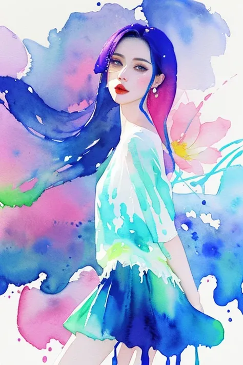 (beautiful woman portrait),best quality,masterpiece,official art,watercolor painting,(splashing color:1.2),(the flower skirt tha...