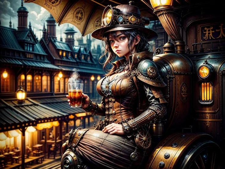 steampunkai。highest quality。masterpiece。detailed details。one woman。traveler in steampunk style。drinking coffee on the café terra...