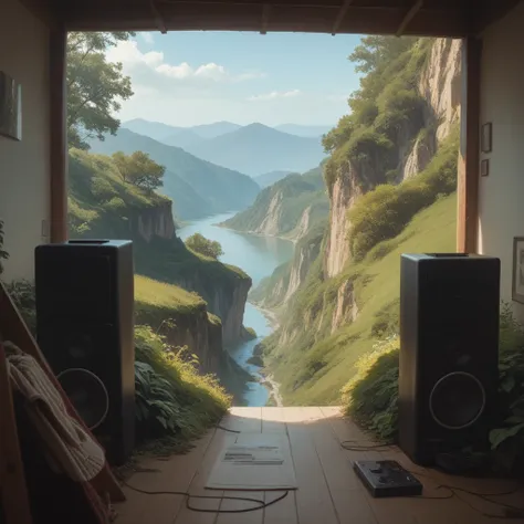 create an image with speakers playing, scenery only