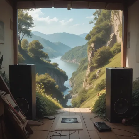 create an image with speakers playing, scenery only