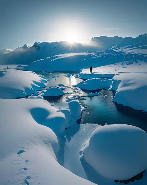 on the snowy river，rocks covered with snow，a person walks on it, beautiful snow scene, arctic snowy environment, snow scene, sur...